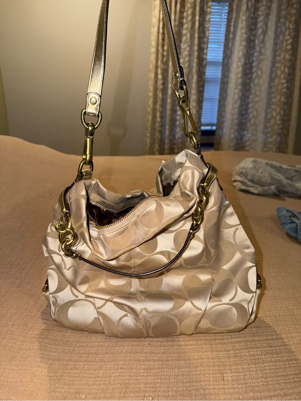 Coach Champagne Satin Signature Shoulder Bag with Gold Hardware